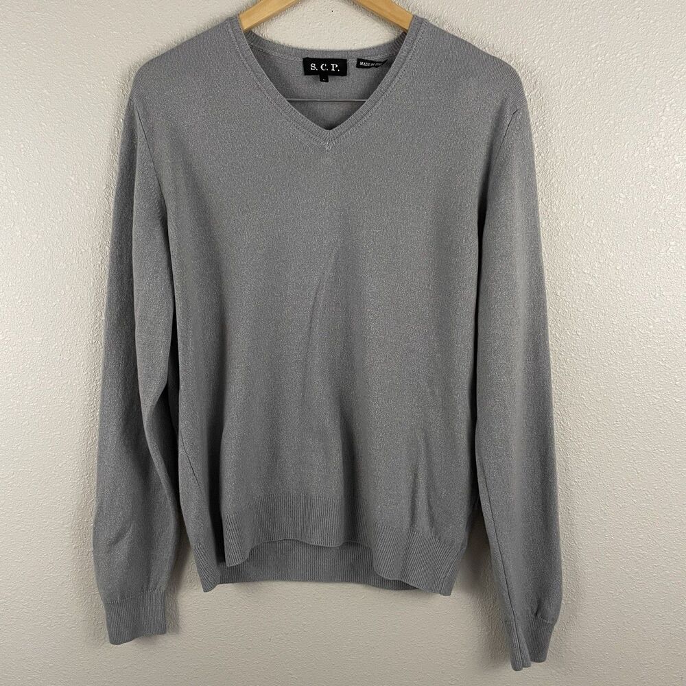 S.C.P. Mens L Gray V Neck Wool Silk Cashmere Blend Sweater